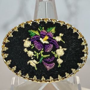 West Germany Embroidered Brooch Gold Tone vintage